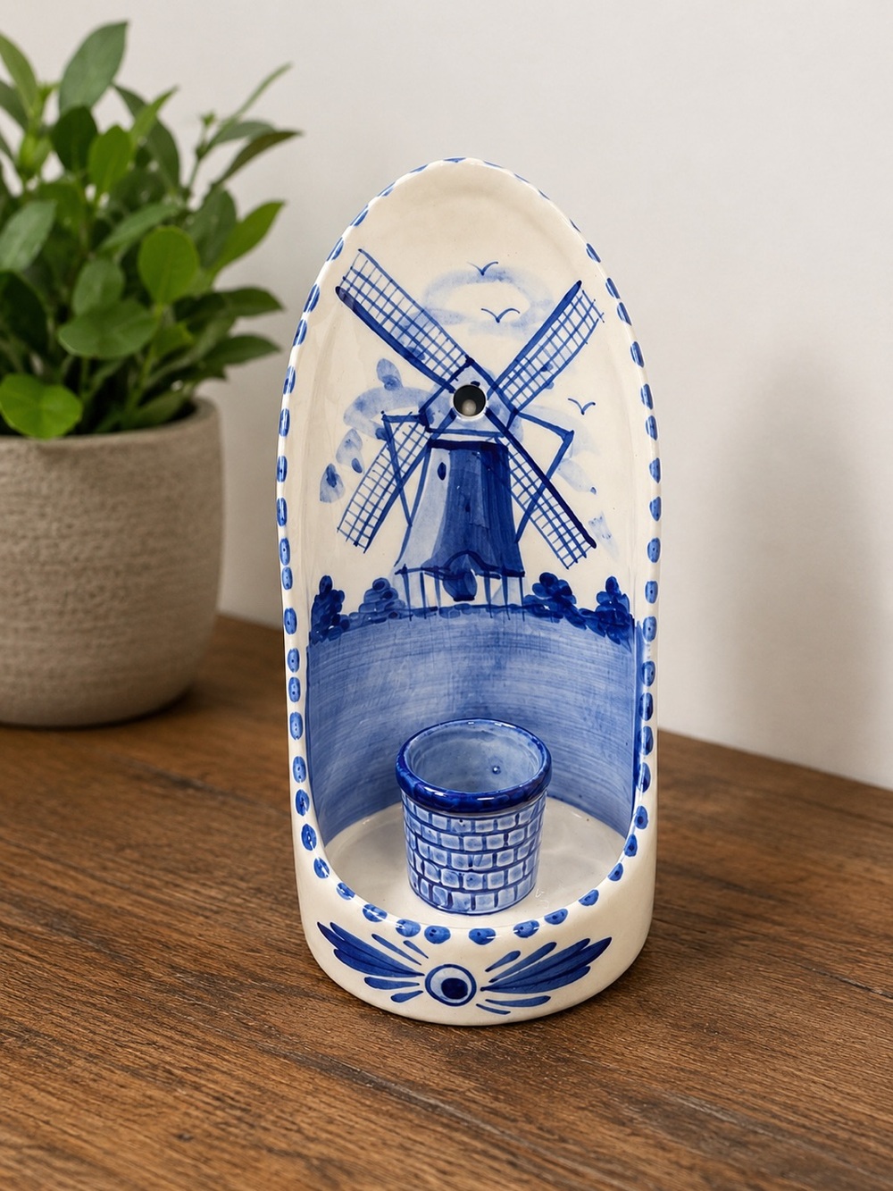Hand Painted Vintage Delft Blue Windmill Wall Sconce Taper Candle Holder Holland